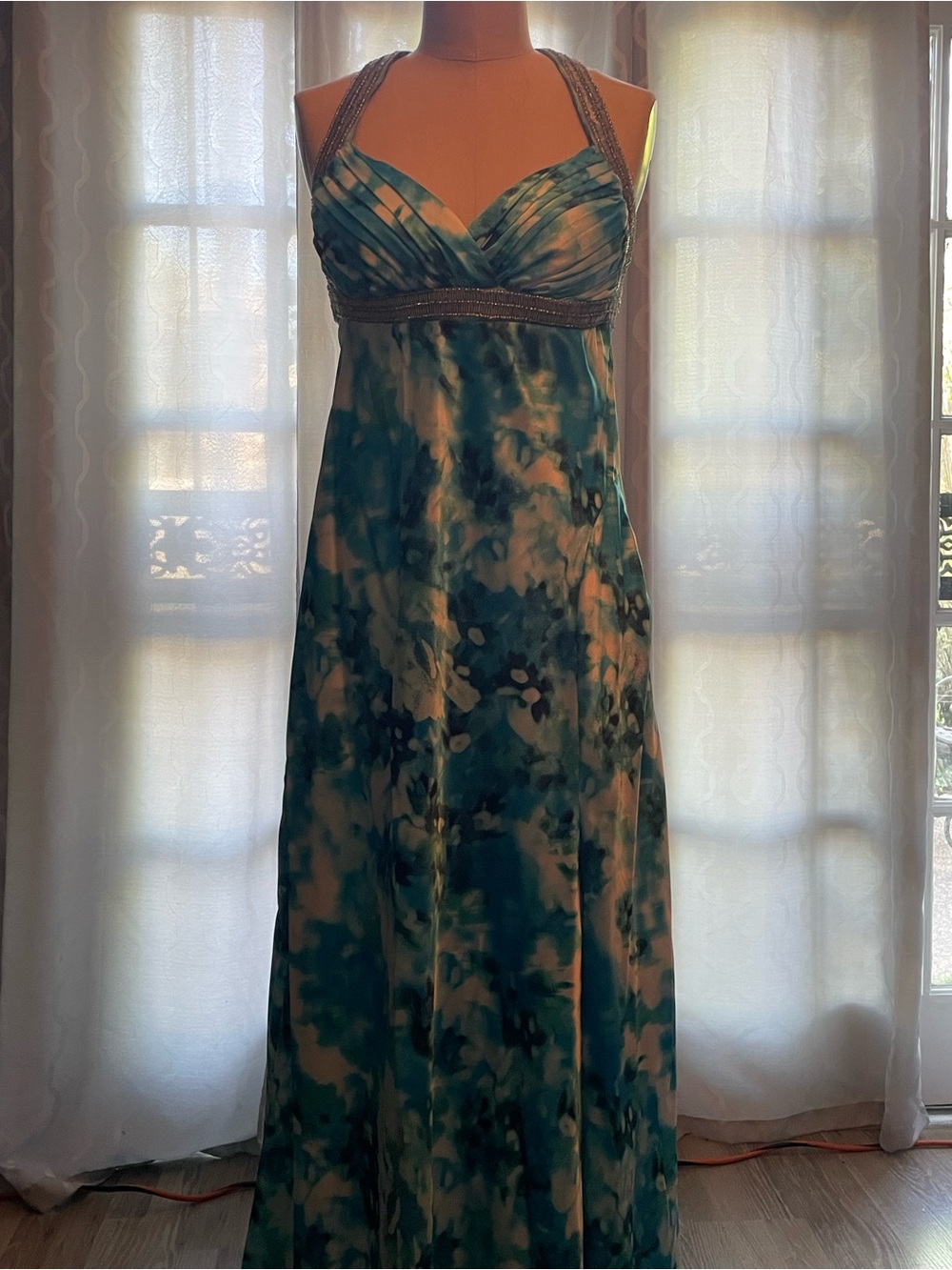 Jodi Kristopher Teal and Ivory Beaded Halter Maxi Dress